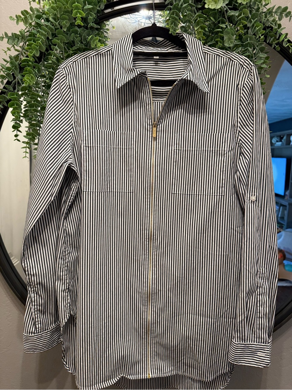 Calvin Klein Black & White Vertical Stripe Zip Front Shirt